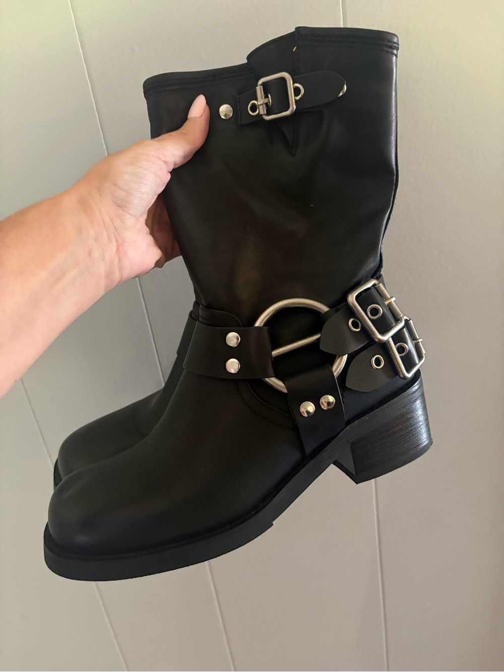 Black Buckle Harness Mid-Calf Boots - Women